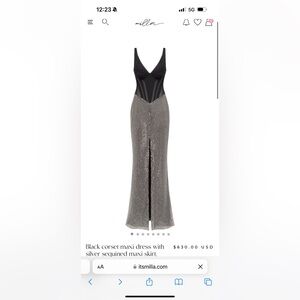 Black corset maxi dress with silver sequined maxi skirt, Smoky Quartz